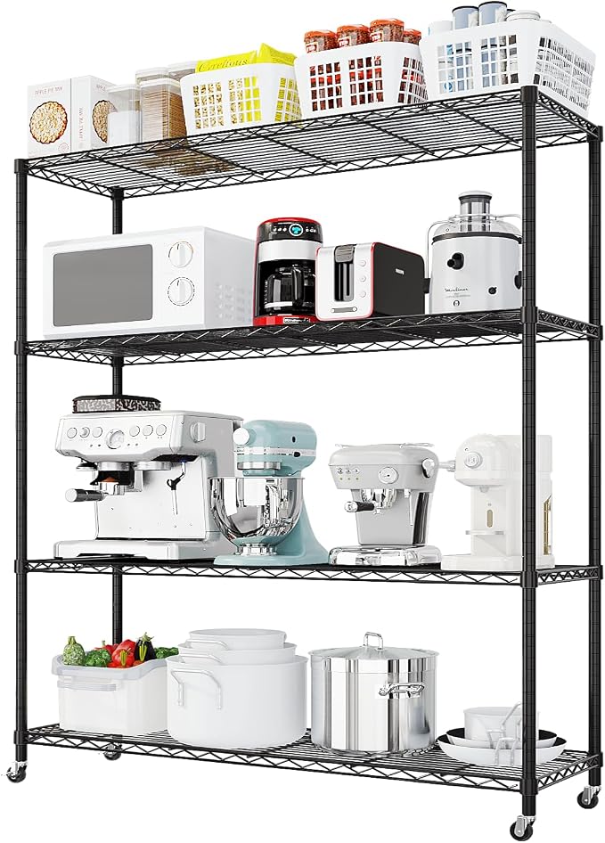 Karl home Black 4-Tier Wire Storage Shelving with 2" Wheels, 800LBS | Heavy Duty 800LBS Capacity Metal Shelving Rack on Rolling Wheels, 64.96"H x 46.06"W x 17.7"D for Garage, Kitchen