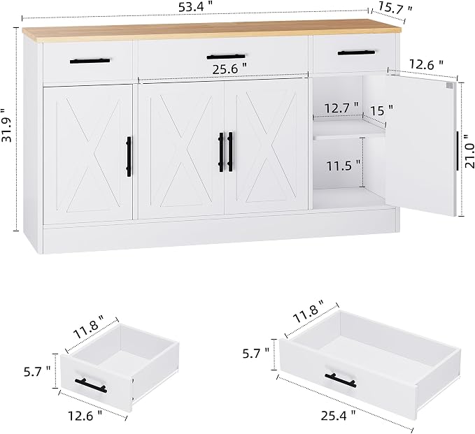 Shintenchi Buffet Cabinet with Storage,53.4" Large Kitchen Storage Cabinet with 3 Drawers and 4 Doors,Wood Farmhouse Buffet Sideboard with Adjustable Shelf for Kitchen Living Room, White