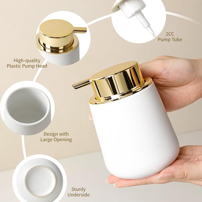 Bosilunlife Ceramic Bathroom Soap Dispenser - 12Oz Bathroom Countertop Kitchen Dish Soap Pump Dispenser Liquid Soap Dispenser - Matte White with Gold