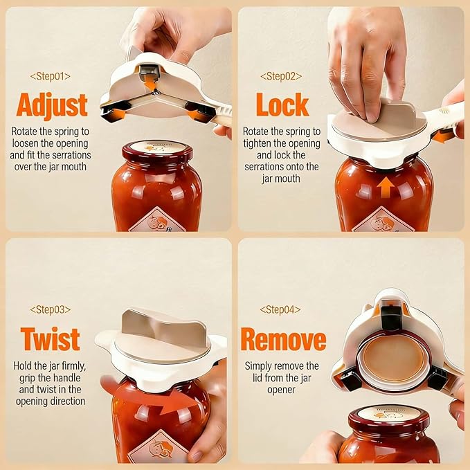 4-in-1 Jar Opener Adjustable Stainless Steel Lid Remover for Seniors and Those With Limited Strength Works, Fits Kitchen Beer, Sauces & Canned Goods（Brown）