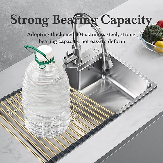 Gold Over Sink Dish Drying Rack - 17.7” x 13.4“Roll Up Dish Drying Rack, Silicone Wrapped Kitchen Rolling Dish Drainer, Anti-Slip Foldable Sink Rack Mat, Multipurpose Dish Racks For Kitchen Counter