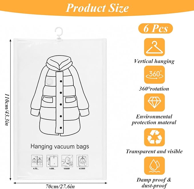 6 Pack Hanging Vacuum Storage Bags for Clothes,43 x 27 inch Reusable Vacuum | Garment Seal Bag,Space Saver Bags,Dustproof Extra Large XXL for Clothing Travel Suits, Coat,Jackets, Dresses, Jackets (Clear)