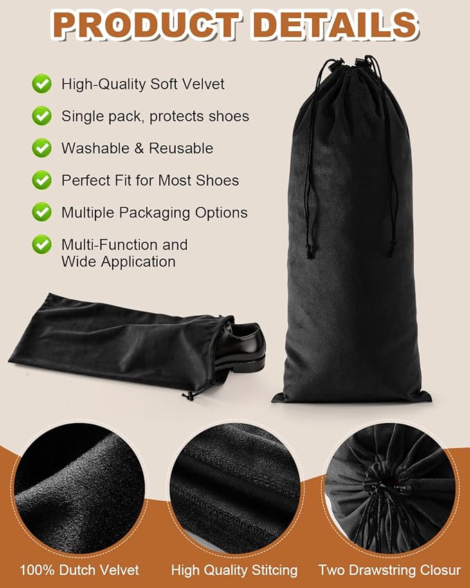 2 Pcs Single Shoe Bags for Travel, Velvet Bag, Black Beauty, 17.3x8.6 Inch | Washable & Reusable Travel Shoe Bags, Dustproof Shoe Bags with Drawstring Closure, Suitable for Travel, Home Storage