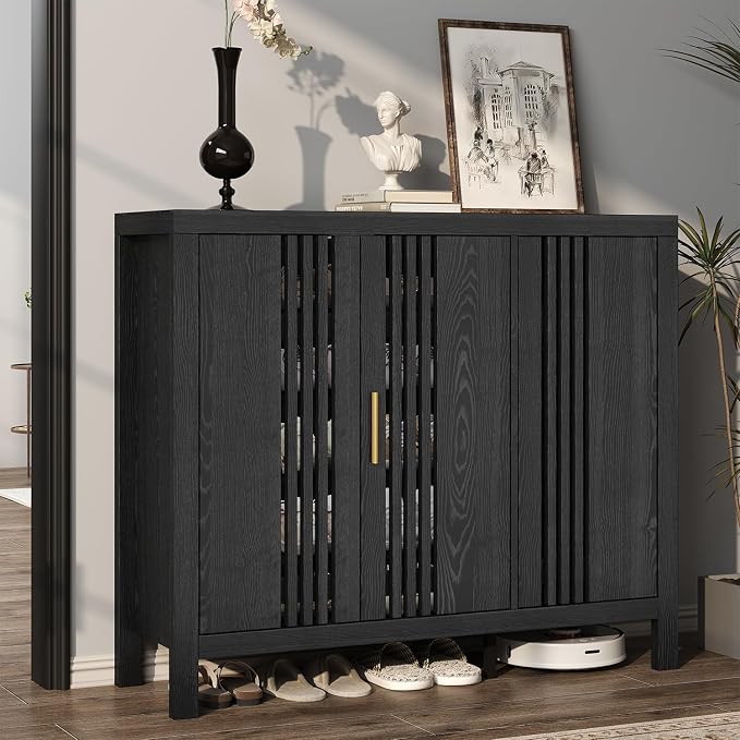 UNIQUITE Shoe Storage Cabinet with 3 Shutter Doors, 30 Pairs Shoe Cabinet with Adjustable Shelves, 5-Tier Large Shoe Rack Organizer for Entryway Hallway Living Room, Black