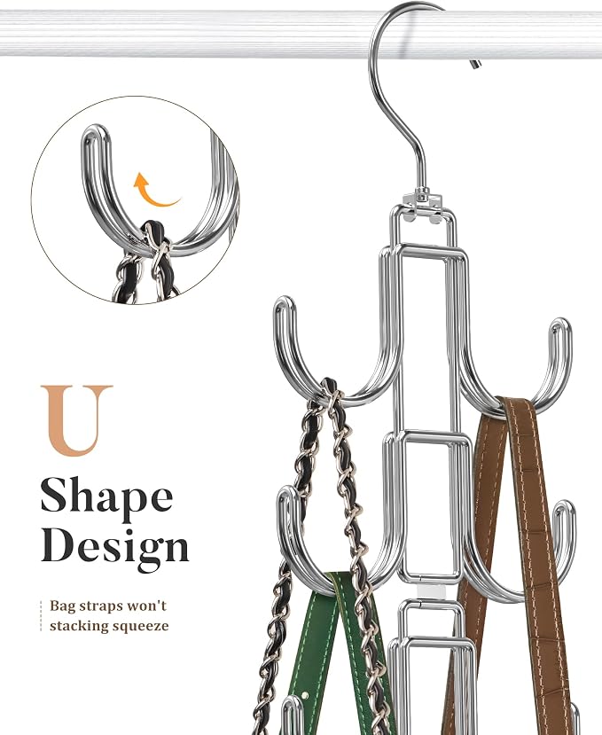Purse Hanger for Closet, 360 Degree Purse Organizer with 10 Hooks Bag Handbag Hanger Hooks for Purse Hanging, Durable Purse Display Rack Space-Saving Bag Organizer for Women