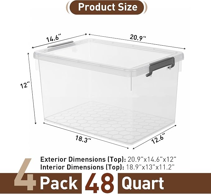 Citylife 48 Qt Ultra-Thick (3.82mm) Clear Plastic Storage Bins with Lids, 4-Pack Stackable Straight-Wall Closet Organizers with Honeycomb Base & Pinch-Free Latches for Garage, Clothes & Holiday Decor