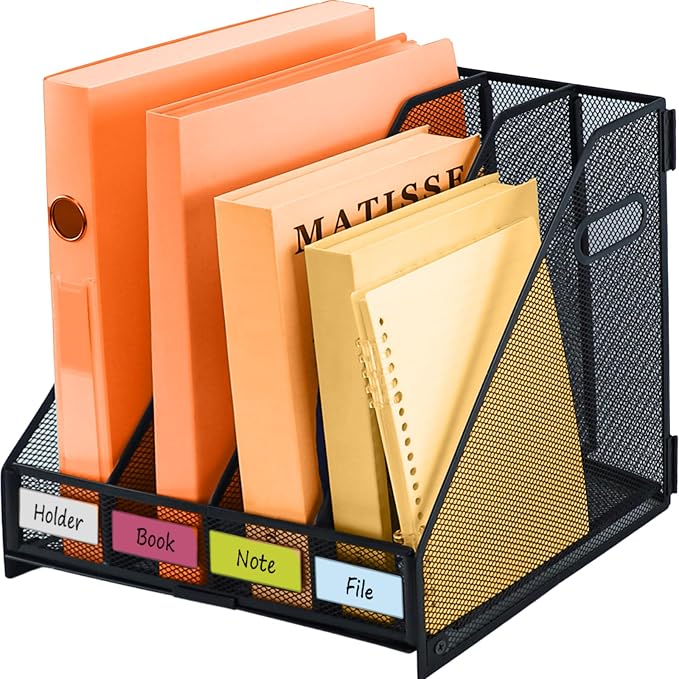Desk File Organizer Metal Desk Magazine Folder With 4 Vertical Compartments Rack File Organizer For Office, Home, School, Black