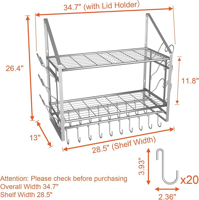 VyGrow 28 Inch Pot Rack Wall Mounted, 2 Tier Pots and Pans Organizer with 20 Hooks and 6 Pot Lid Holders, Heavy Duty Steel Pot and Pan Hanger for Kitchen Cookware Utensils Storage, Silver