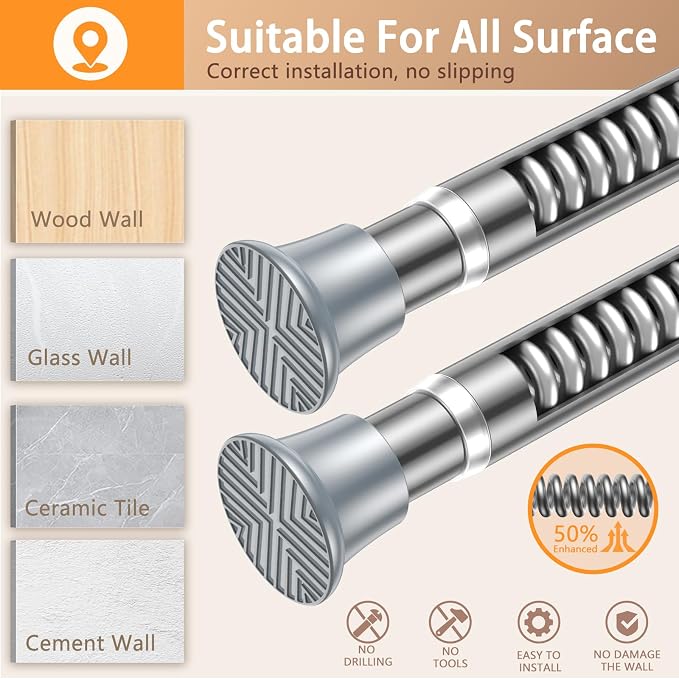 2PCS Silver Spring Curtain Rods for Windows 23 to 46 Inch, Adjustable Pressure Tension Curtain Rods No Drilling, Small Tension Rod for Doorway Closet Door Kitchen Curtain