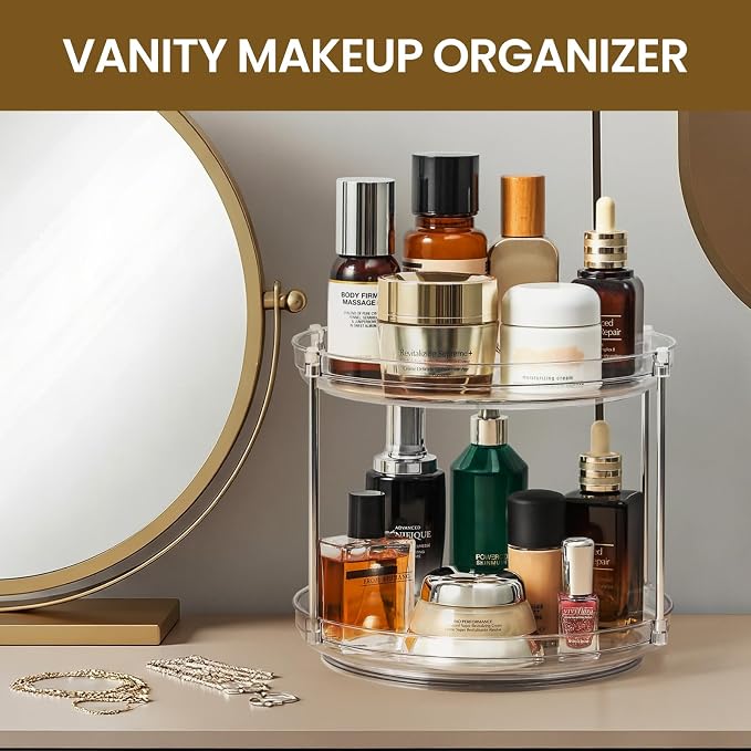 2 SET 2 Tier Non-Skid Acrylic Lazy Susan Organizer - Rotating Spice Rack - Turntable Spinning Organization for Kitchen, Pantry, Countertop, Closet, Bathroom, Vanity, Medicine Cabinet Organizing,9.25''