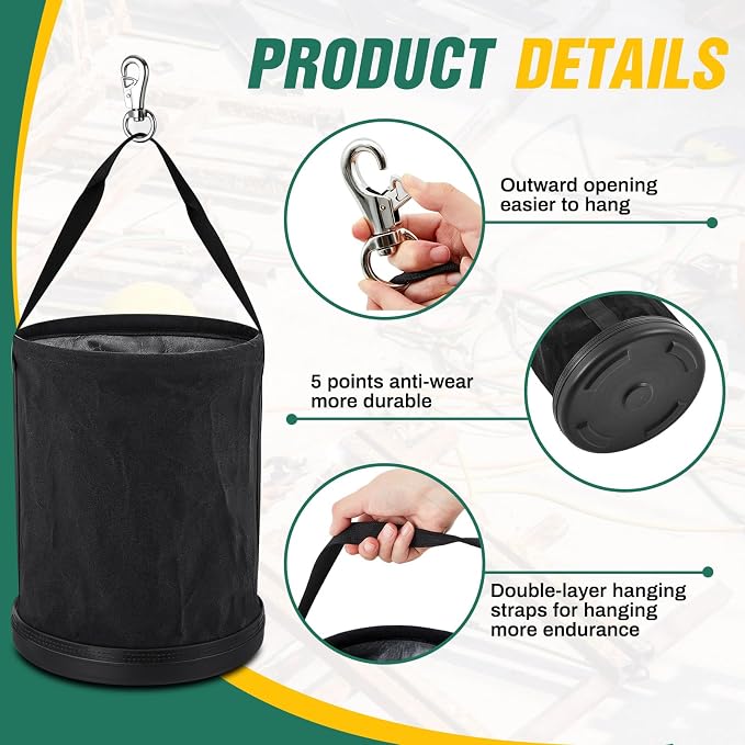 4 Pack Canvas Bucket 15" x 12" Heavy Duty Lineman Tool Bag with Plastic Bottom & Metal Hook Electrician Tool Organizer for Jobsite Use, Load Rated up to 150 Pounds (Black)