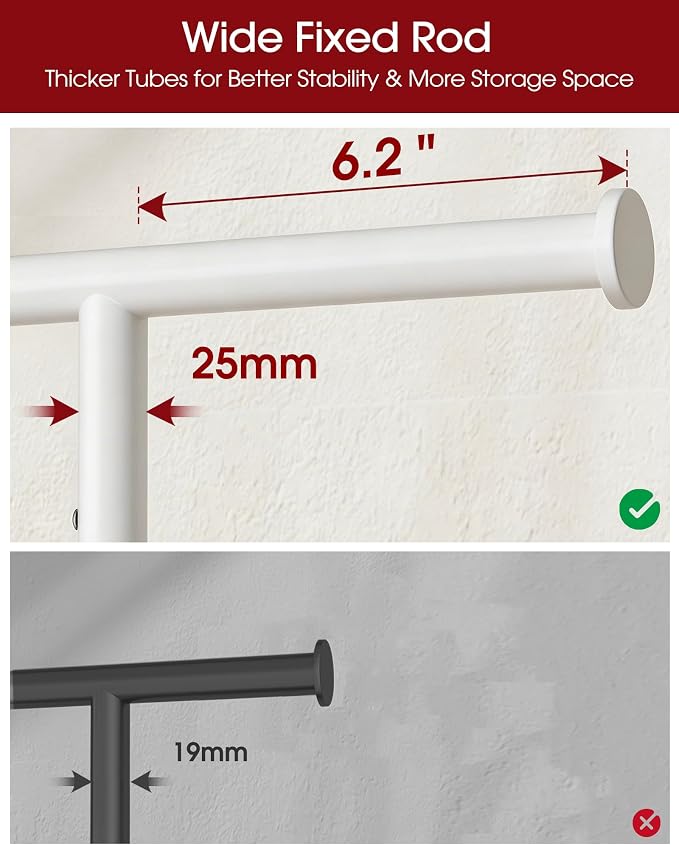 Sakugi Clothes Rack - Large-Capacity Clothing Racks for Hanging Clothes with Lockable Wheels, Space-Saving Metal Coat Rack for Bedroom, Laundry Room, Entryway, 45.6" x 16.9" x 59", White