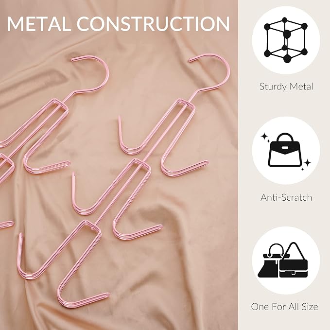 ZEDODIER 4 Pack Purse Organizer for Closet, Heavy-Duty Hanging Purse Hanger Closet Holds Up to 24 Purses, Metal Rotating Space Saving Bag Holder Handbag Storage Hook Backpack Rack, Pink