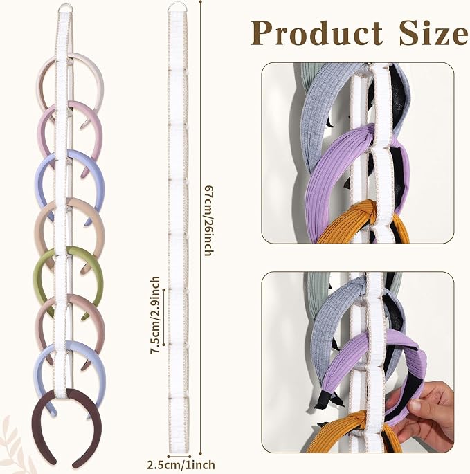 3 PCS Headband Holder Organizer for Girl,Hanging Hairband Storage for Women,Brown Hair Hoop Display Hair Accessories Organizer Bedroom College Dorm Decor (Cream textured)