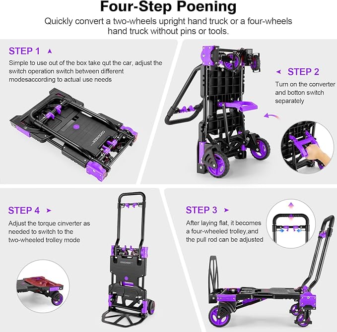 330LB Folding Hand Truck Heavy Duty Carrying, Combination of Four Wheels and Two Wheels Convertible Dolly Cart with Retractable Handle Dolly for Moving Office Carts(Purple)