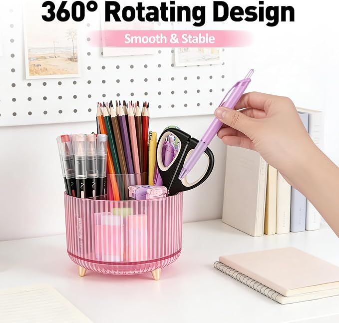 360 Rotating Pen Pencil Holder for Desk, Pen Organizer with 5 Slots, Makeup Brush Holder, Desk Organizer and Accessories, Cute Pencil Cup Caddy for Office School Home Decor Art Supply (Pink)