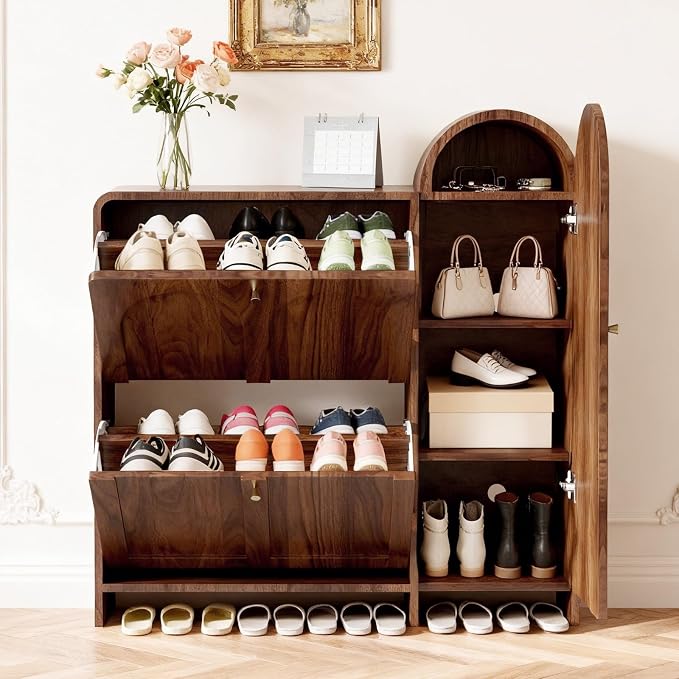 Arched Cabinet with Doors-Shoe Cabinet,Hidden Shoe Rack,Shoe Stand for Entryway Compact Shoe Storage in Walnut Finishes,Mid-Century Style for Entryway