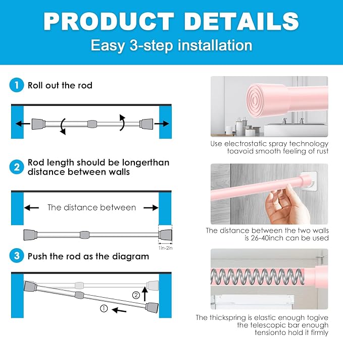 MEXAU 1Pcs Spring Tension Curtain Rod 26-39 inch Spring Tension Rods Pink Tension Rods Adjustable Spring Rod Extendable Tension Rod For Kitchen, Bathroom, Window