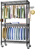 Golpart Heavy Duty Rolling Clothes Rack Wheels Portable Metal Garment Rack | Wardrobe Adjustable Wire Shelving Metal Double Clothing Racks for Hanging Clothes Organizer Closet Laundry Room Organization