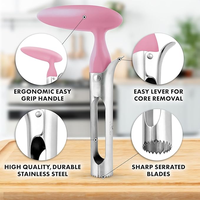 Zulay Kitchen Ultra Sharp Apple Corer Tool - Stainless Steel, Sharp & Serrated Blade Cores in Seconds - Easy to Use & Clean, Durable Apple Core Remover for Apples & Small Fruits - Pink