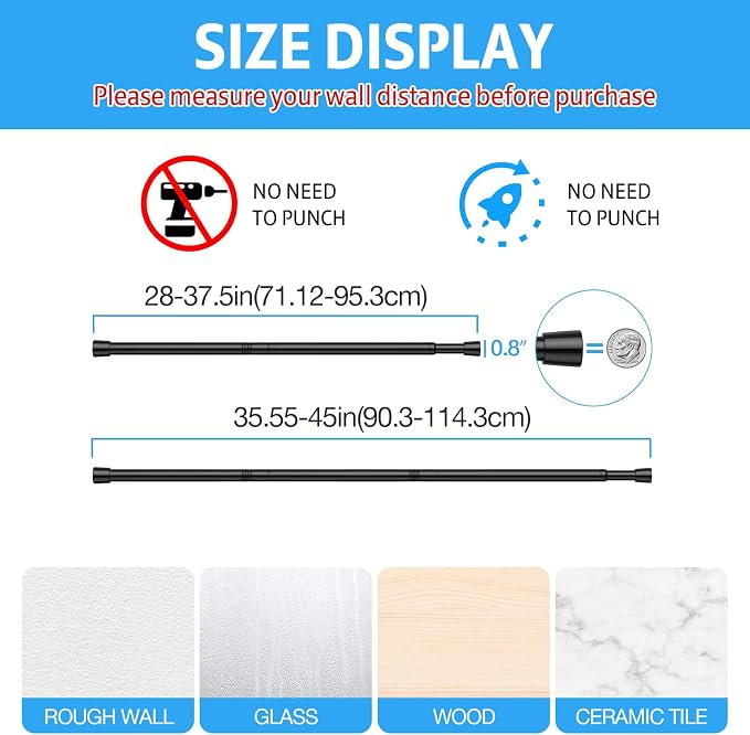4 Pack Spring Tension Rods 28-45IN, 5/8 Inch Diameter Black No Drill Spring Loaded Adjustable Extendable, Small Short Tension Curtain Rod for Windows Kitchen Doorway Closet Cupboard