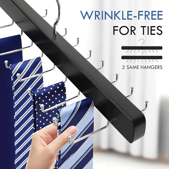 2-Pack Tie Rack Hanger for Closet, 36 Hooks Belt Hanger, Black | Wooden Tie Organizer for Men, Space-Saving Tie Holder, Upgraded Simple Folding Hooks, Sleek Tie and Belt Hanger
