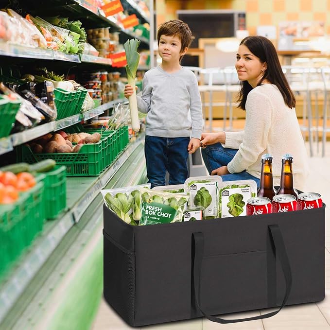 LHZK Standing Extra Large Utility Tote Bag with Metal Wire Frame and the Sides Rinforced, Extra Large Tote Bag with Handle, Reusable Grocery Bags Foldable, Beach Bag, Car Tote (Black, 26''x15''x13'')