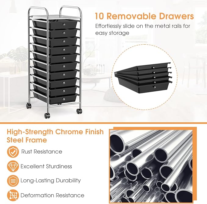 DREAMADE Rolling Cart with Storage Drawers, Utility Cart with Removable Plastic Drawers, Lockable Wheels, Art Cart for Classroom Organization Art Supplies Office Scrapbook (10 Drawers, Black)