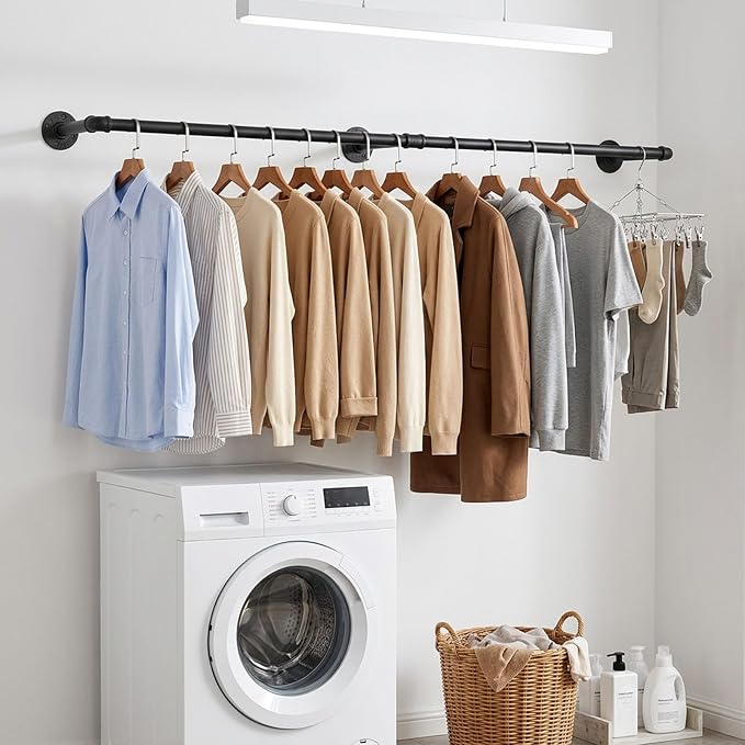 Industrial Iron Pipe Clothes Hanging Bar DIY Wall-Mounted Garment Rack Heavy Duty Clothing Rack for Bedroom, Laundry Room, Closet Storage (Black 50 inch)