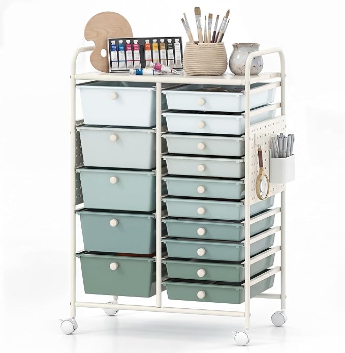 DREAMADE 15-Drawer Rolling Storage Cart, Craft Cart, Gradient Green | Mobile Utility Cart with Metal Pegboard Panels, Tabletop and Lockable Wheels for Classroom, Office, Studio and Playroom