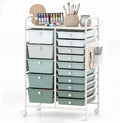 DREAMADE 15-Drawer Rolling Storage Cart, Craft Cart, Gradient Green | Mobile Utility Cart with Metal Pegboard Panels, Tabletop and Lockable Wheels for Classroom, Office, Studio and Playroom