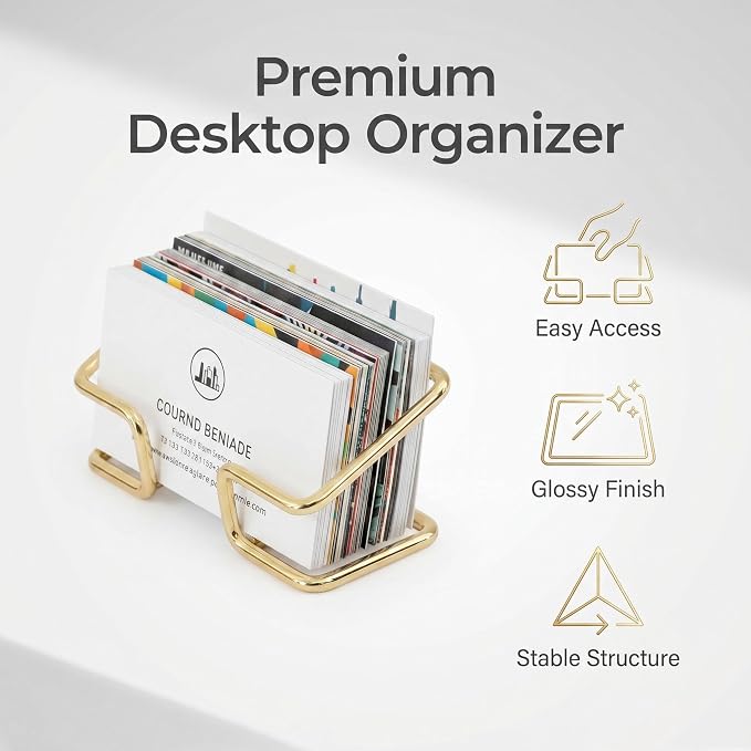 Business Card Holder for Desk, Metal Name Card Display Stand | Shiny Plated Metal Desk Organizer for Office, Front Desk, Stationery Shop