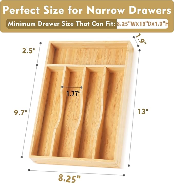 Upassion Bamboo Kitchen Drawer Organizer, 8.25 Inch Utensil Organizer Silverware Utensil Holder for Samll Drawer, Silverware Organizer for Cutlery Knives, Natural