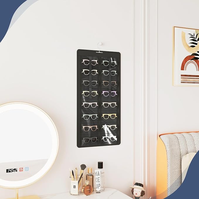 Hanging Sunglasses Organizer and Storage, 32 Slots Jewelry Holder, Black | Protect eyewear from dust with double-sided clear compartments; roof design hangs on wall, door or closet for home/RV travel.