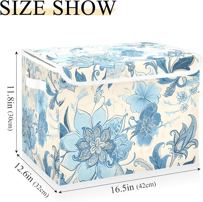 Blue Line Flowers Lidded Storage Bins with Handles - 16.5"x12.6"x11.8" Foldable Organizing Box, Oxford Fabric & Honeycomb Board, Dust-Proof Flip Lid for Closet/Office
