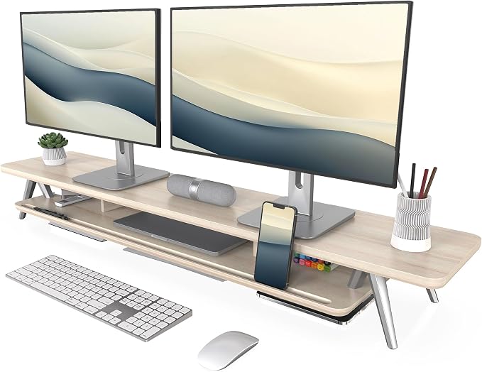 Fenge Dual Monitor Stand, Monitor Stands Riser for 2 monitors, 47.2 Inch Wood Desk Shelf with Storage Organizer and Cable Management for Office Desk Accessories