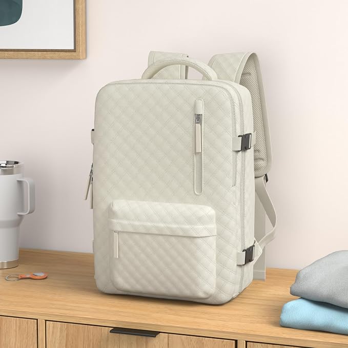 WONHOX Travel Carry On Backpack for Women, Waterproof Laptop Backpack for Traveling on Airplane Hiking Gym Backpack with USB Charging Port Shoe Compartment, Beige
