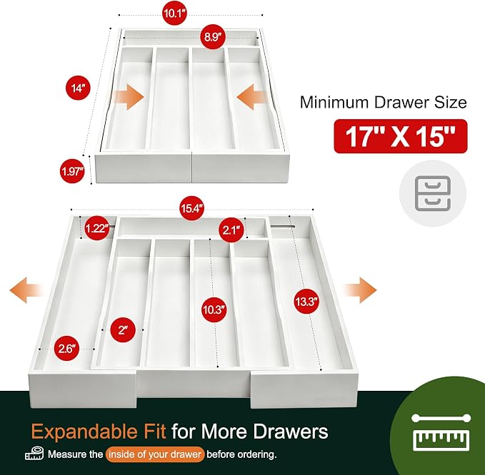 Expandable Bamboo Kitchen Drawer Organizer for Cutlery and Utensils, Adjustable Bamboo Wood Cutlery Tray in Drawer for Flatware and Silverware in Kitchen, (White)