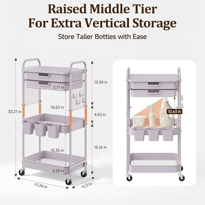 3 Tier Rolling Cart with 2 Drawers, Metal Utility Storage Carts with Wheels | Kitchen Rolling Cart 4.5" Deep Basket, Mesh Side Panel with 3 Cups, 4 Hooks for Office, Bedside, Craft Storage Cart