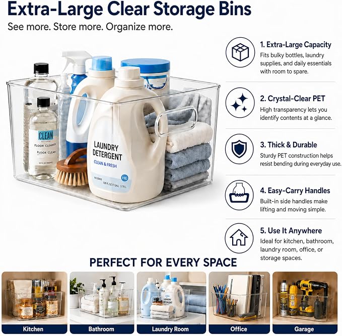 MOONEDGE 4 Pack Extra Large Clear Plastic Storage Bins 13x10x8in Organizers | 16QT Each, Pantry Organizers and Storage, Cabinet Storage, Bathroom, Closet, Under-Sink, Kitchen Shelves, Side Handles, Home