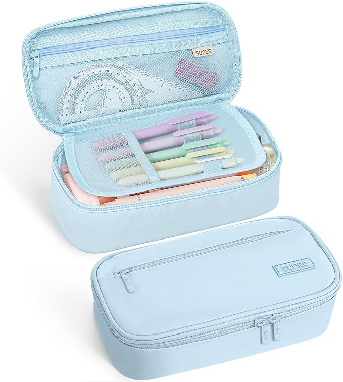 SUNEE Cute Pencil Case, Large Capacity Pencil Pouch, Big Storage Organizer for Stationery, Zipper Pen Bag,Back to School Supplies,Office Water-Repellent Nylon Pencil Bag for Teen Girls Boys,Light Blue