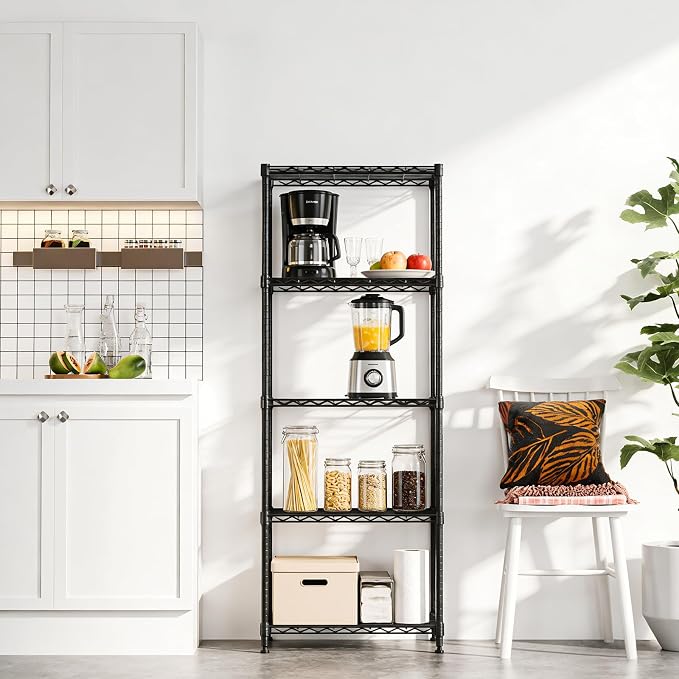 Wire Shelving Unit, 24” Metal Pantry Shelf, Adjustable Black Storage Rack | 23.6"W x 13.7"D x 53.4"H, 1000 lbs Capacity, 5-Tier Wire Storage Shelf Rack for Kitchen, Garage & Laundry Storage