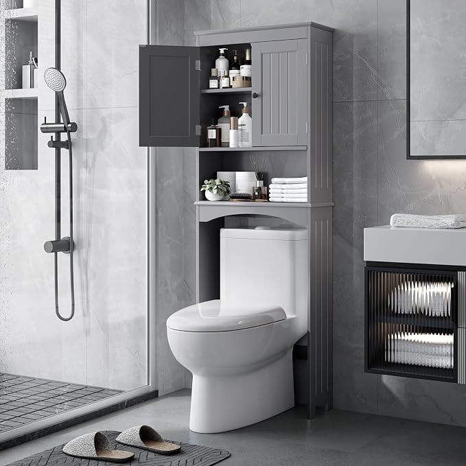 Bealife Over The Toilet Storage Cabinet with Open Shelf - Grey | Over Toilet Bathroom Organizer with Adjustable Shelf and Double Doors, Space Saver Free Standing Storage Shelf for Bathroom