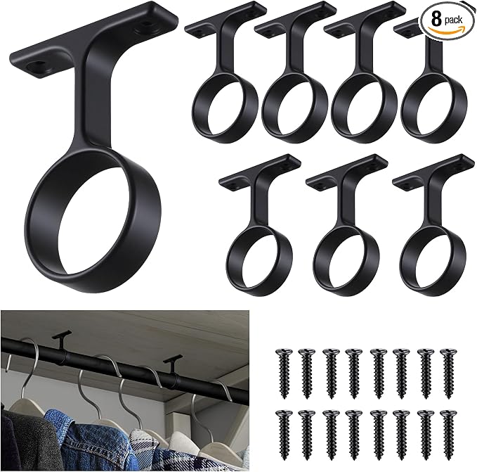 LEIFIDE 8 Pcs 1 5/16 Inch Diameter Round Wardrobe Closet Rod Suspended Center Support with Installation Screws Curtain Closet Rod Ceiling Mount Bracket for Home Wardrobe (Black)