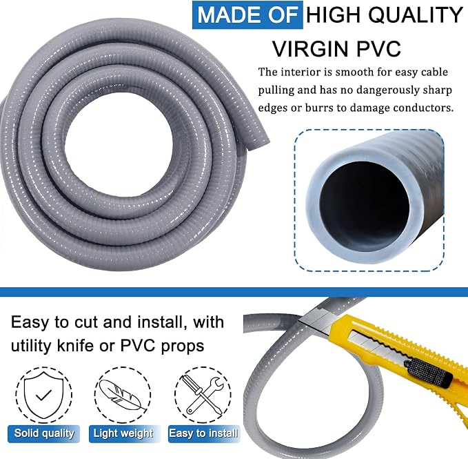 3/4 Inch 25ft Electrical Conduit Kit UL Certification,Flexible Non Metallic Liquid Tight Electrical Conduit,Flexible Metallic Conduit with 5 Straight and 3 90-Degree Conduit Connector Fittings