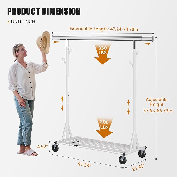Gewudraw Clothes Rack Heavy Duty 530 LBS Capacity, Portable, Foldable,White | Rolling Clothing Rack With 4" Wheels,Shelf, Hooks, Adjustable, Collapsible, Garment Rack for Wardrobe,Bedroom, Laundry Room