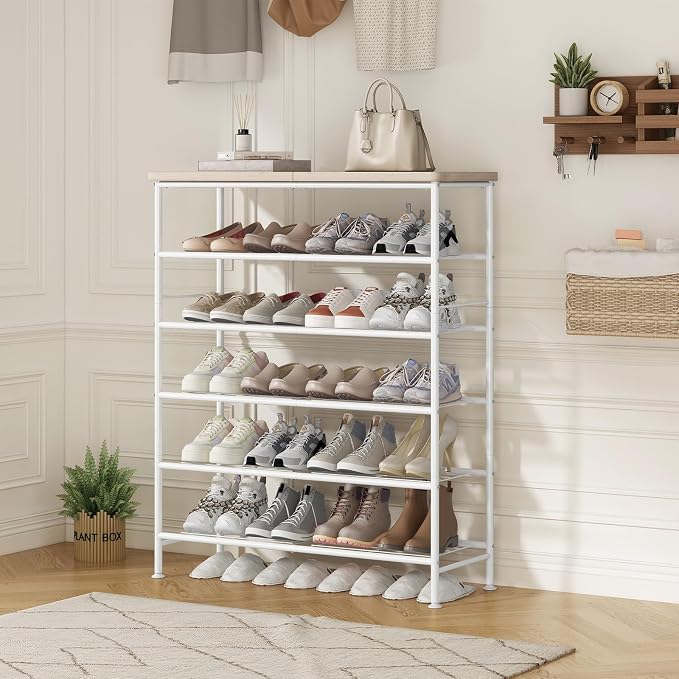 SUOERNUO Shoe Rack Organizer 6 Tier for Closet Entryway Free Standing Metal Storage Shoe Shelf with MDF Top Board，White+Oak