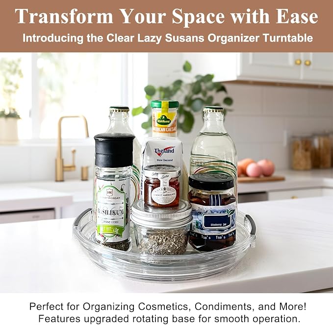 Lazy Susan 2 Pack, 9 Inch Clear Turntable for Kitchen Cabinet, Rotating Spice Rack, Pantry Organizer and Storage, Bathroom Countertop Organizing for Makeup Vanity