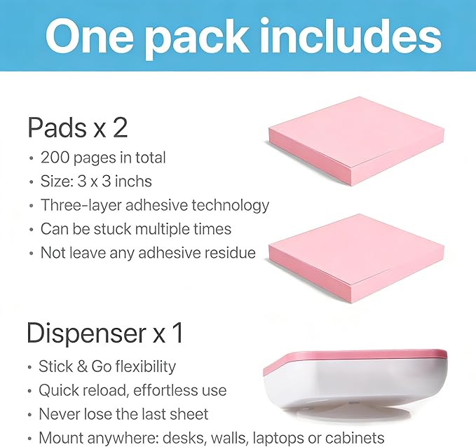 Sticky Note Organizer with 2 Pads - 3x3 Inch Note Holder, Reusable Stick-On Desktop Dispenser for Office/Home (White, Green, Blue, Pink) - Compact & Clutter-Free Design(Pink)