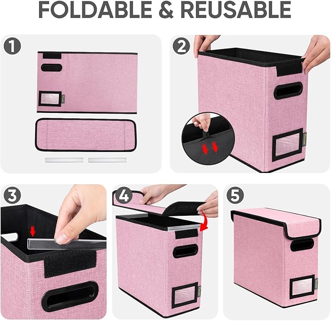 BALEINE File Organizer Box with Lid, Collapsible File Folder Organizer with Plastic Slide, Hanging File Folder Box for Office Document Storage (2 Pack, Pink, S)